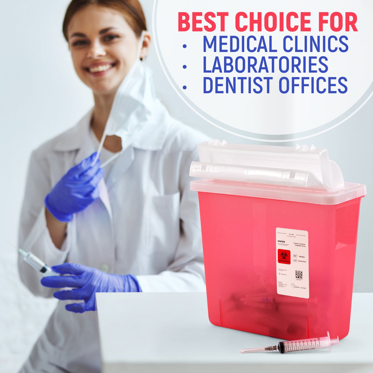 Medi-Bins 5 Qt Sharps Disposal Containers for Medical Waste Disposal (Box of 5)