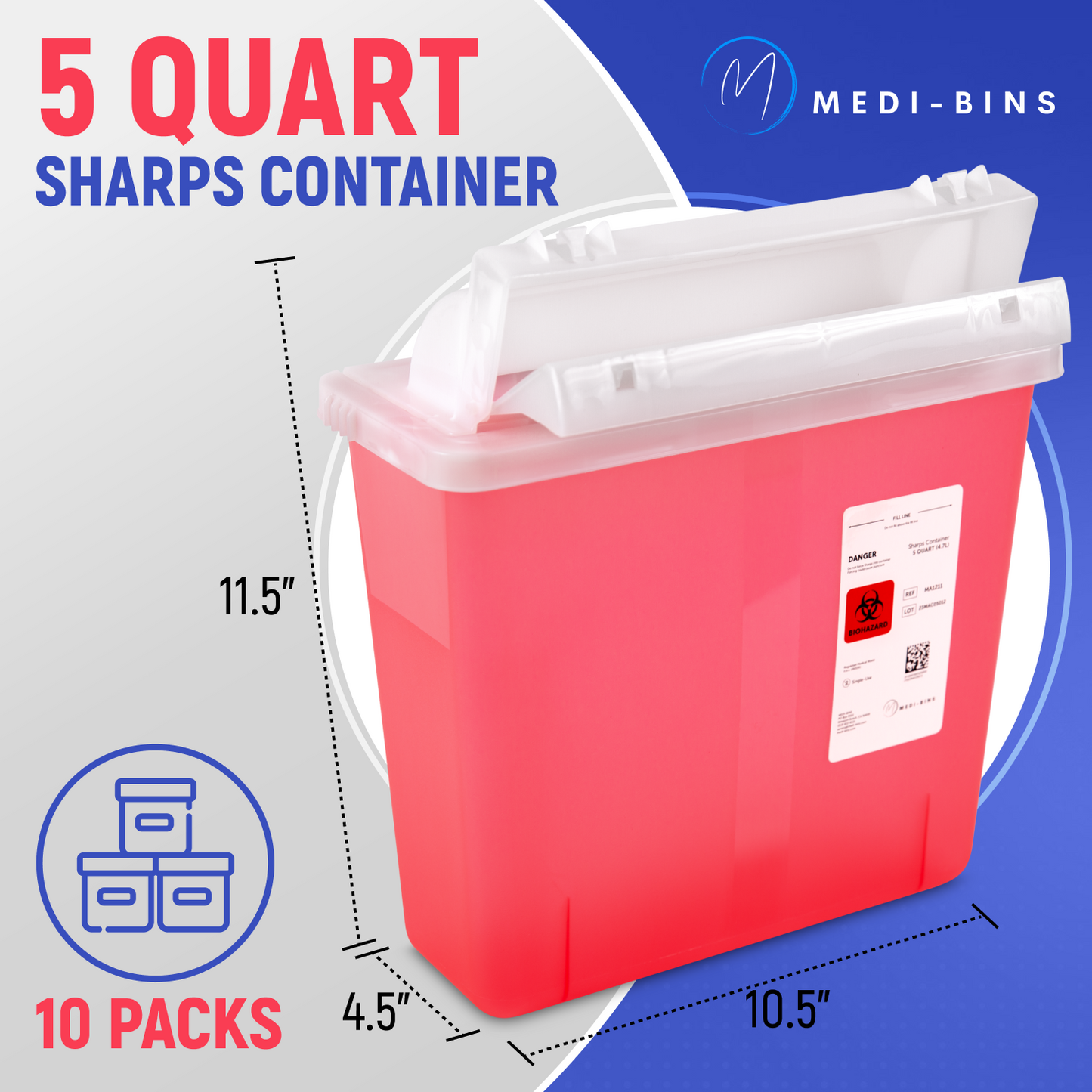 Medi-Bins 5 Qt Sharps Disposal Containers for Medical Waste Disposal (Box of 10)