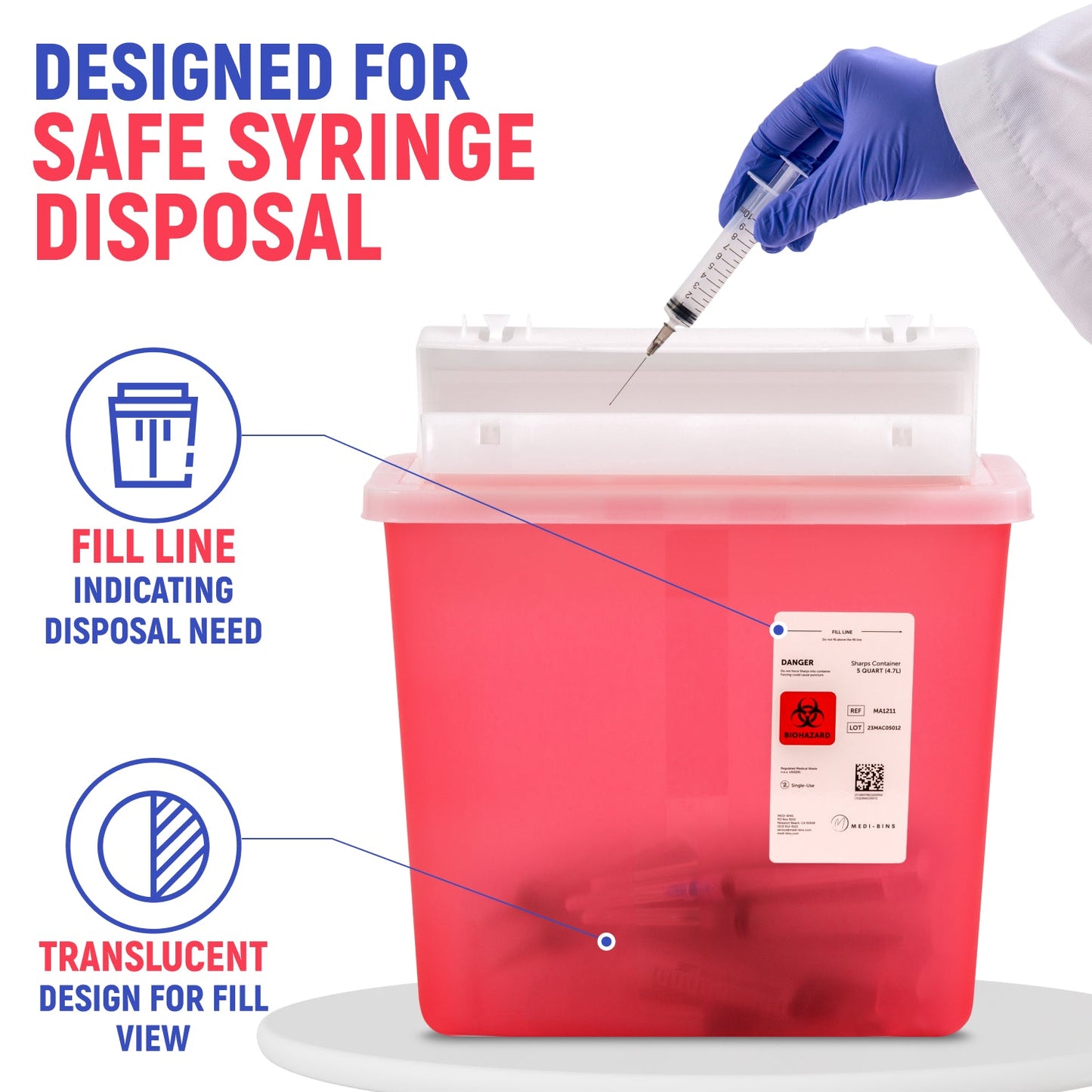 Medi-Bins 5 Qt Sharps Disposal Containers for Medical Waste Disposal (Box of 10)