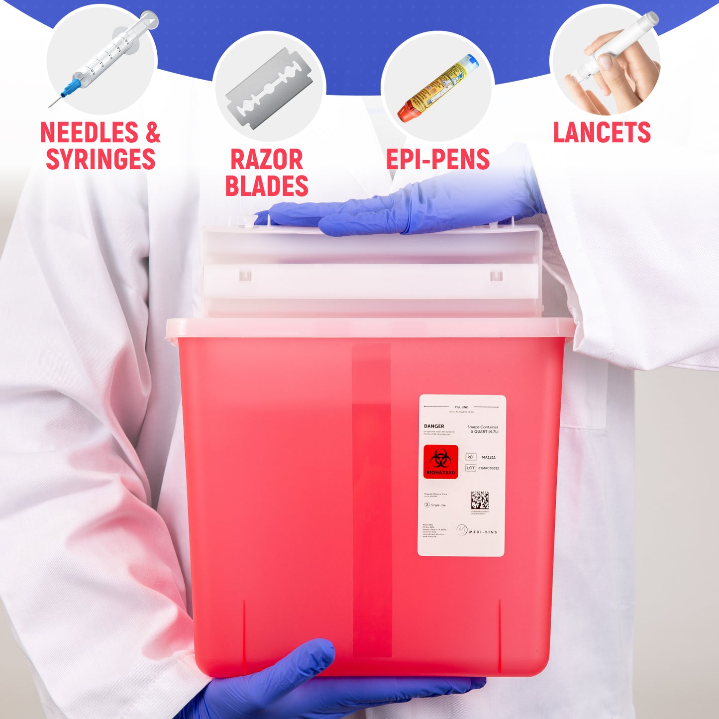 Medi-Bins 5 Qt Sharps Disposal Containers for Medical Waste Disposal (Box of 5)