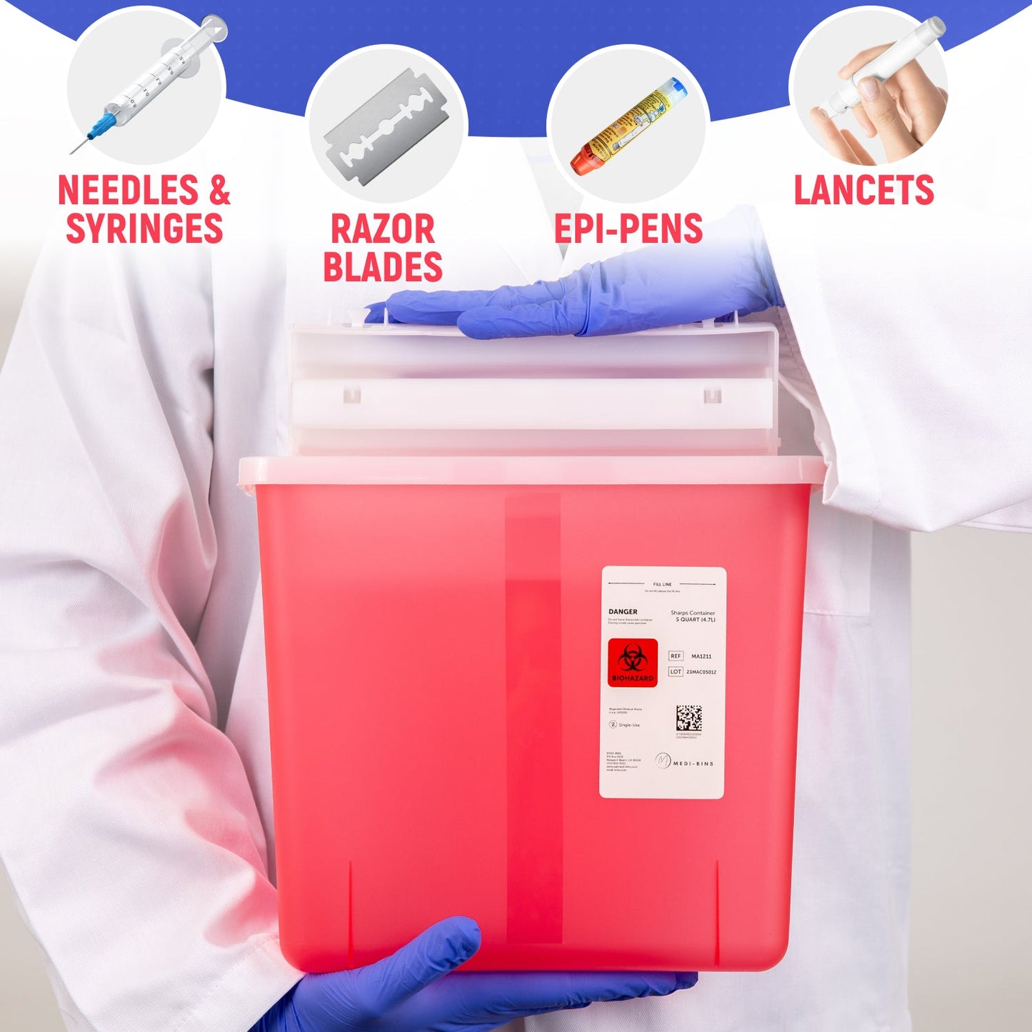 Medi-Bins 5 Qt Sharps Disposal Containers for Medical Waste Disposal (Box of 10)